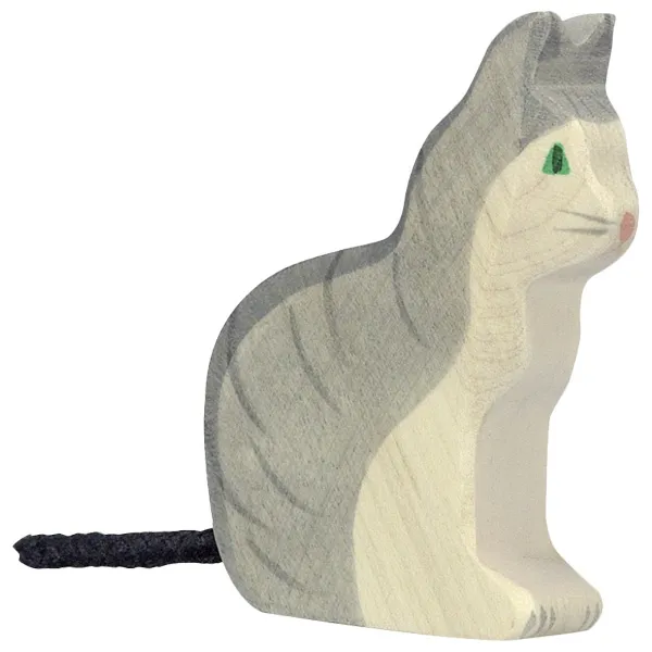 Holztiger Gatto tigrato seduto figura legno dipinta a mano