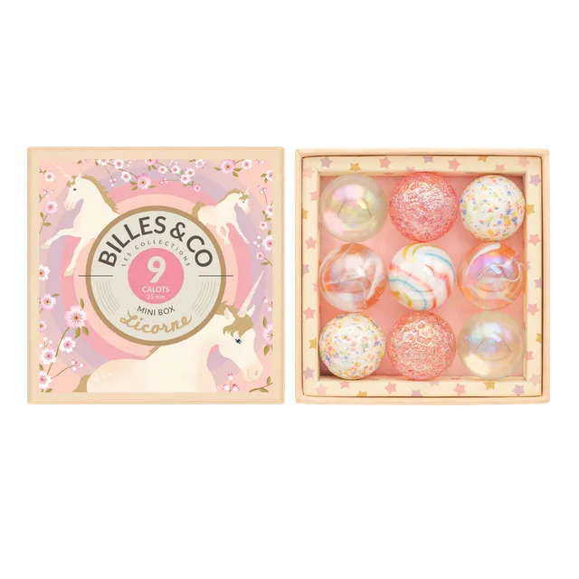 Billes & Co Maxi Licorne mini box 9 biglie vetro 25 mm