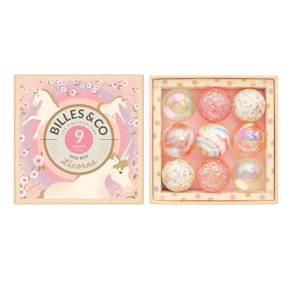 Billes & Co Maxi Licorne mini box 9 biglie vetro 25 mm