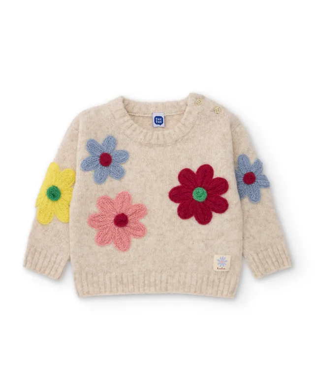Tuc Tuc maglione bambina panna con fiori ricamati