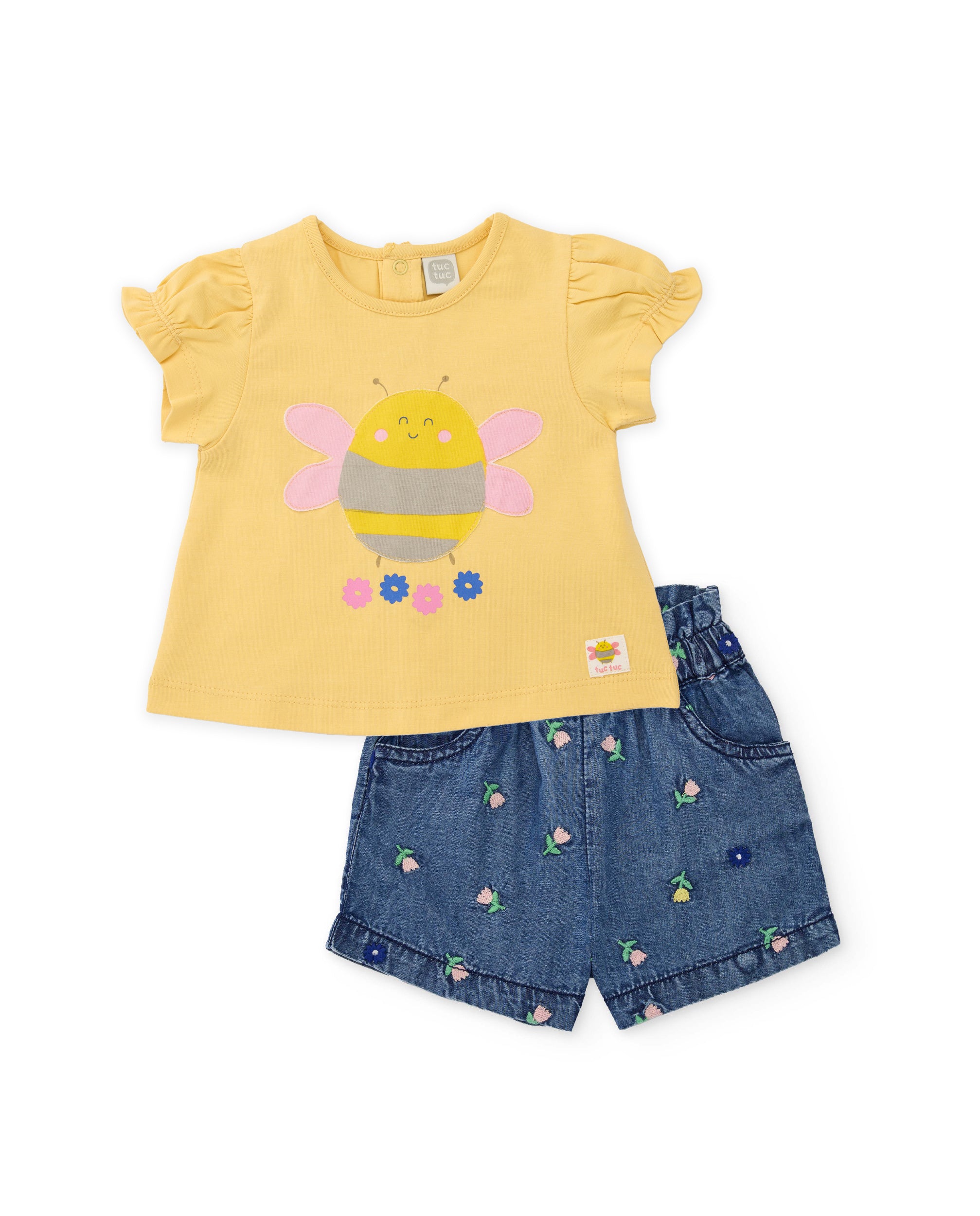 Tuc Tuc completo neonata giallo ape shorts ricamo fiori