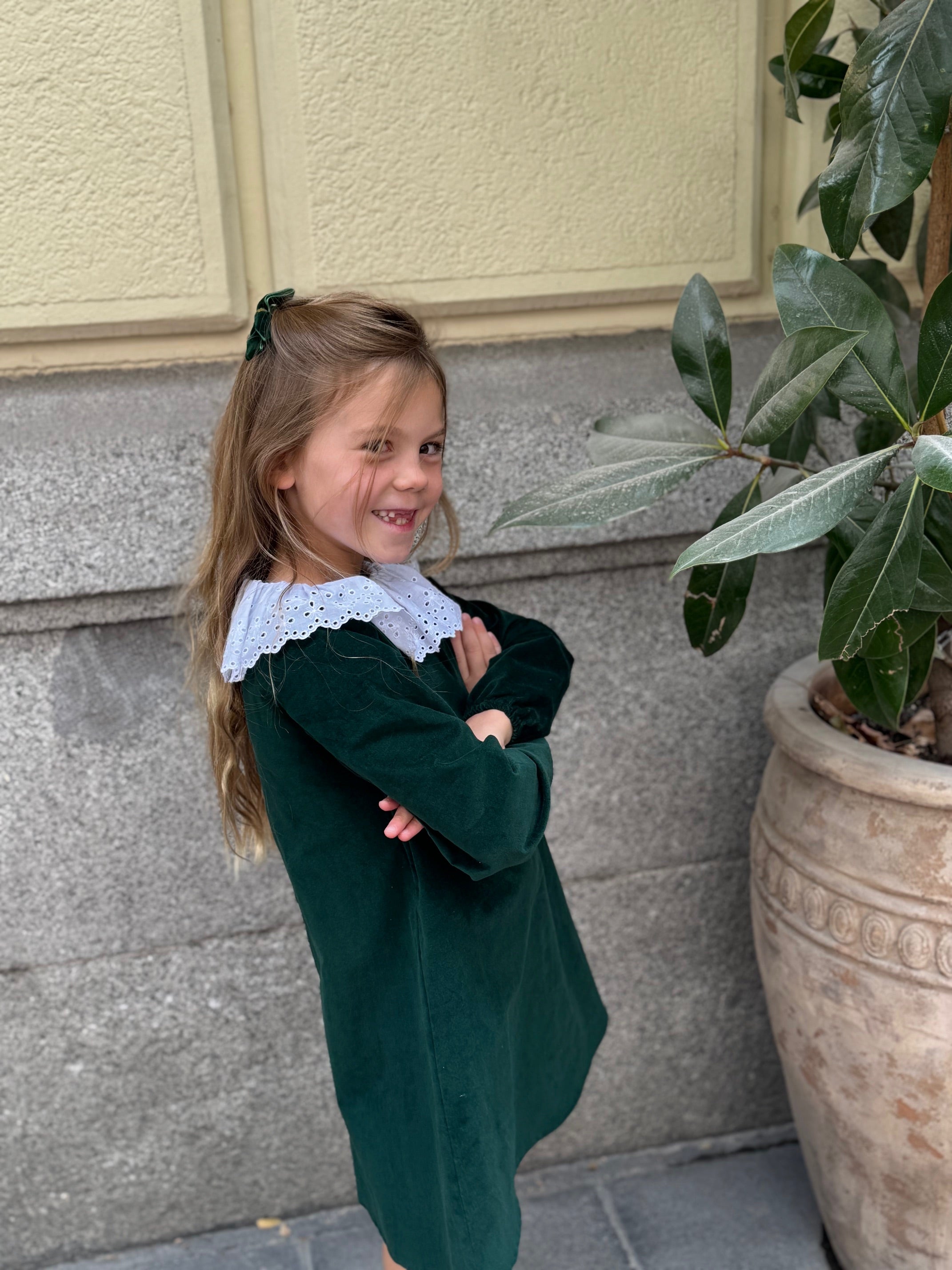 Mebi vestito bambina velluto verde colletto bianco