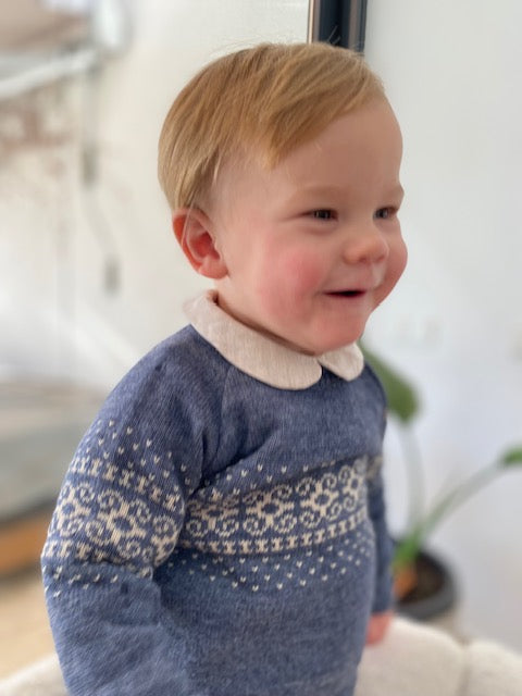 Mebi Maglione Bambino Greca Blu Marino Beige Lana
