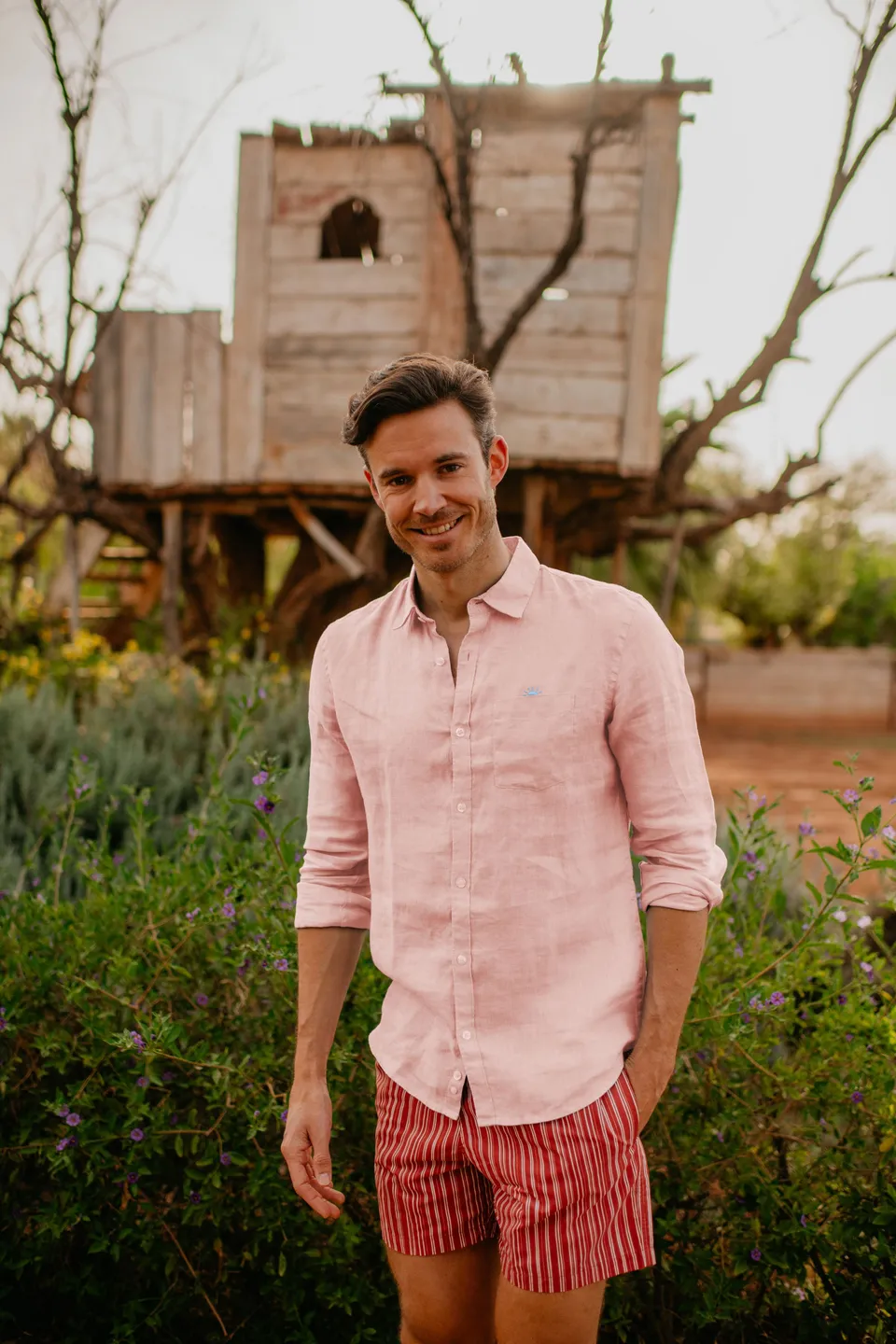 Ella and Rapha Sunrise camicia uomo rosa in lino