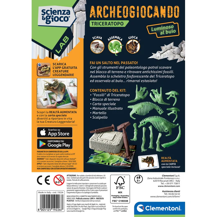 Clementoni Archeogiocando Triceratopo kit scavo fosforescente