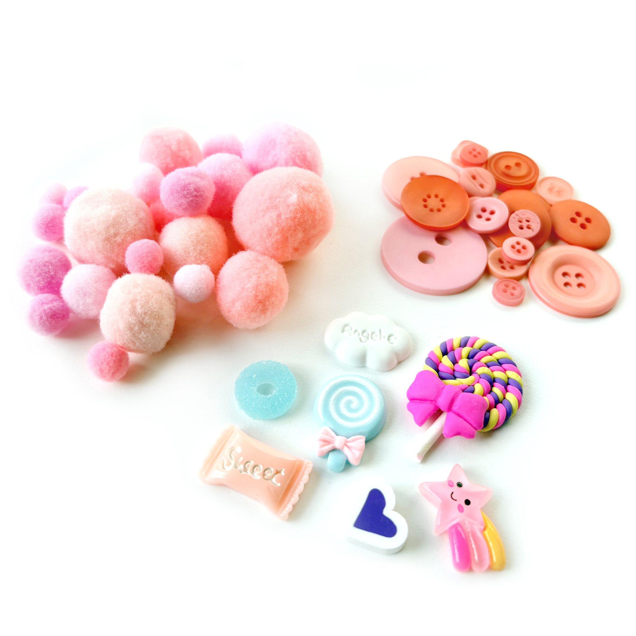 Mini Set Deco Pompon Bottoni Figure decorazioni festa pink