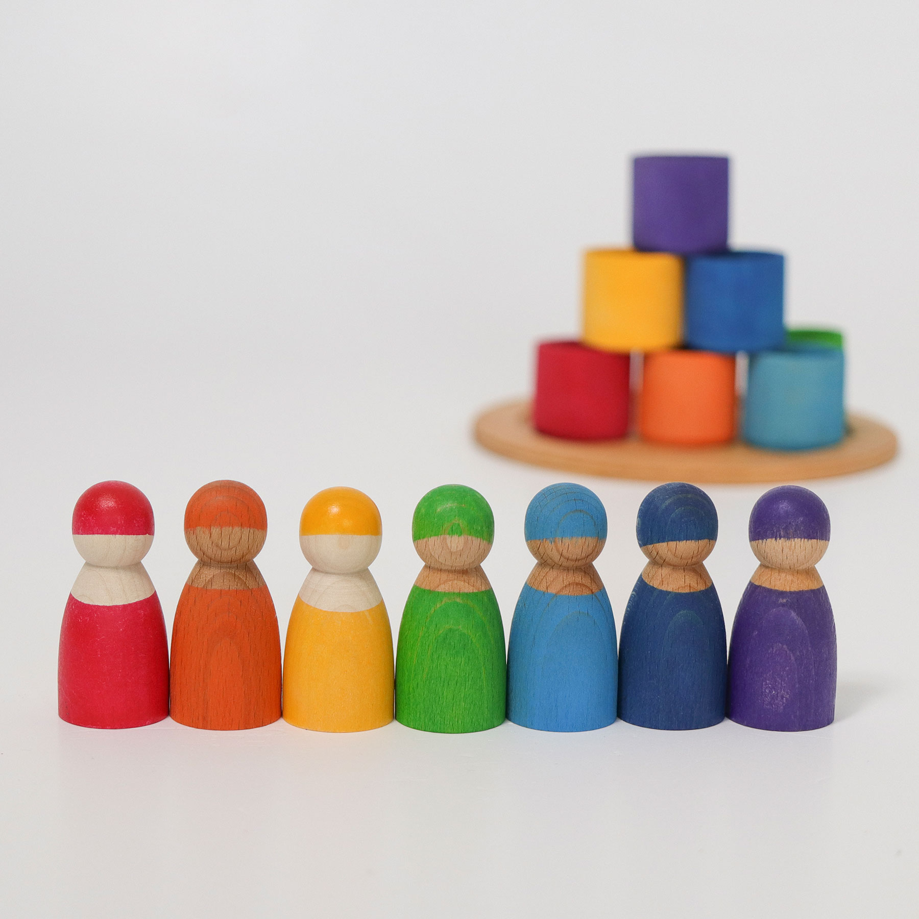 Grimm's 7 Amici Arcobaleno personaggi legno con vassoio