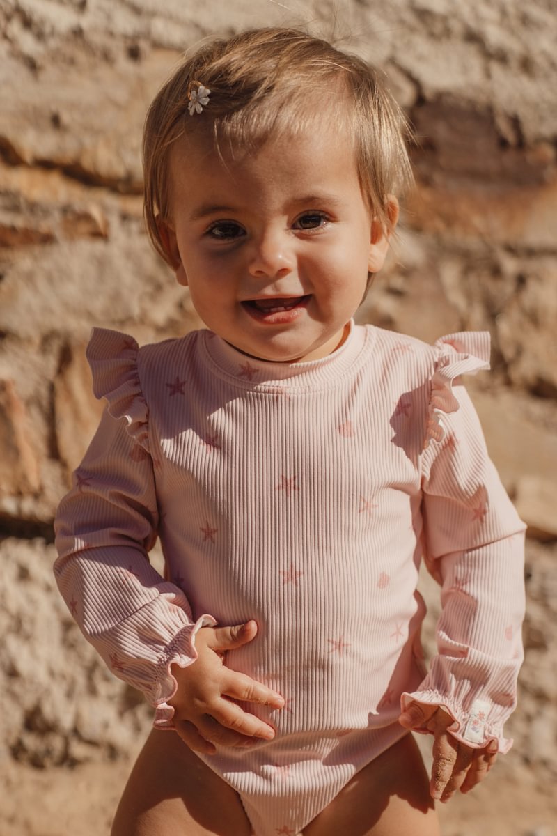 Little Dutch costume bimba maniche lunghe rosa conchiglie UPF40+