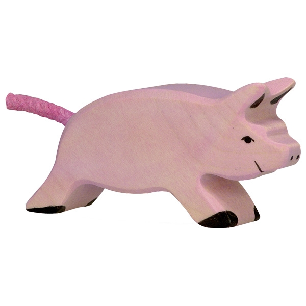 Holztiger Maialino Rosa che Corre figura in legno dipinta a mano