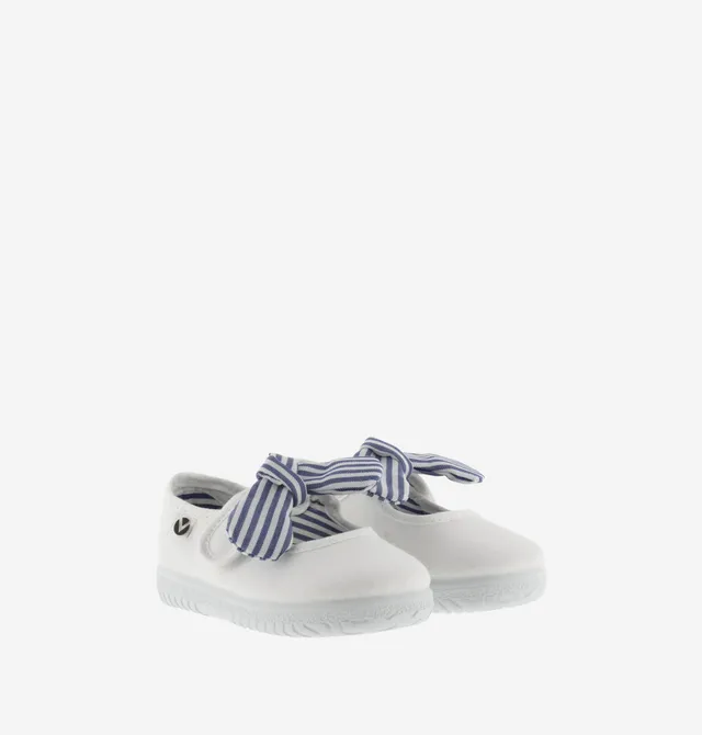 Victoria Dear World merceditas tela bimba bianco fiocco righe