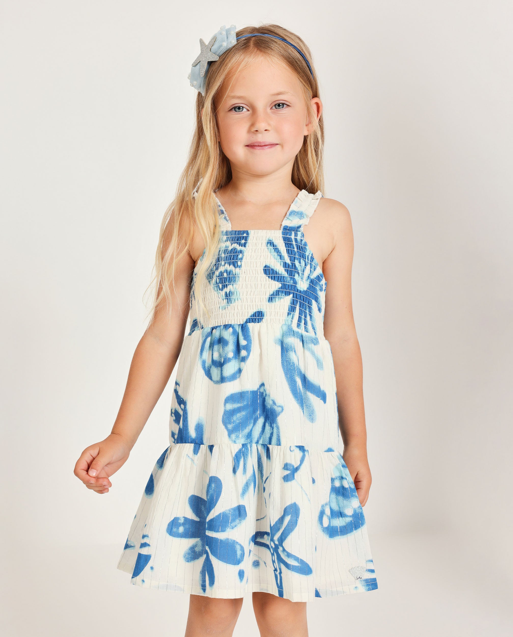 Tuc tuc vestito bambina bianco stampa blu smocked