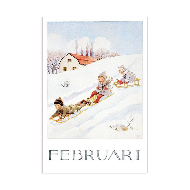 Elsa Beskow Febbraio cartolina acquerello 10,5x15 cm