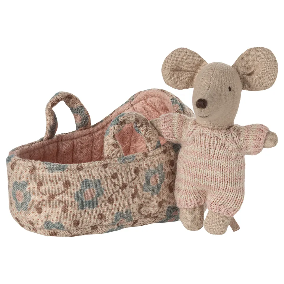 Maileg Baby Mouse pupazzo topino con culla rosa