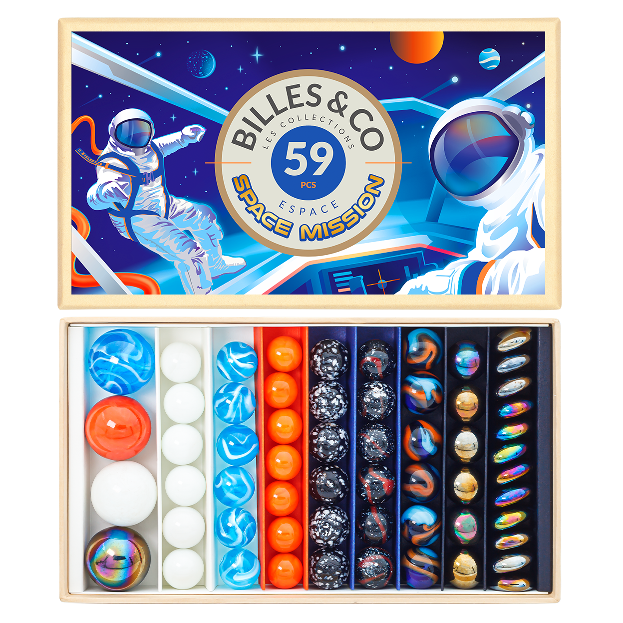 Billes & Co Space Mission scatola biglie vetro 59 pezzi grande