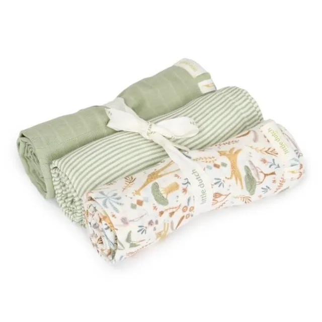 Little Dutch Safari Friends mussoline 3 pz 70x70 verde cotone
