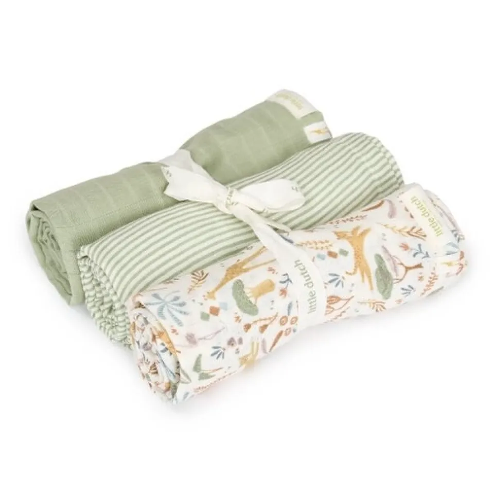 Little Dutch Safari Friends mussoline 3 pz 70x70 verde cotone