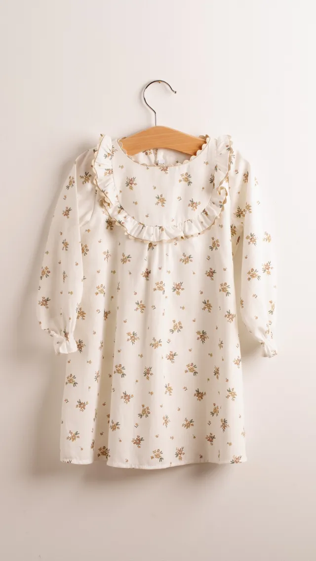 Mebi Fiori vestito bambina cotone bianco beige bottoni