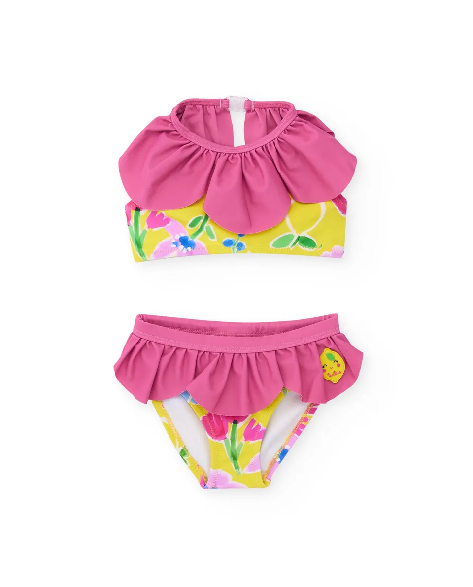 Tuc tuc bikini bambina giallo con volant rosa