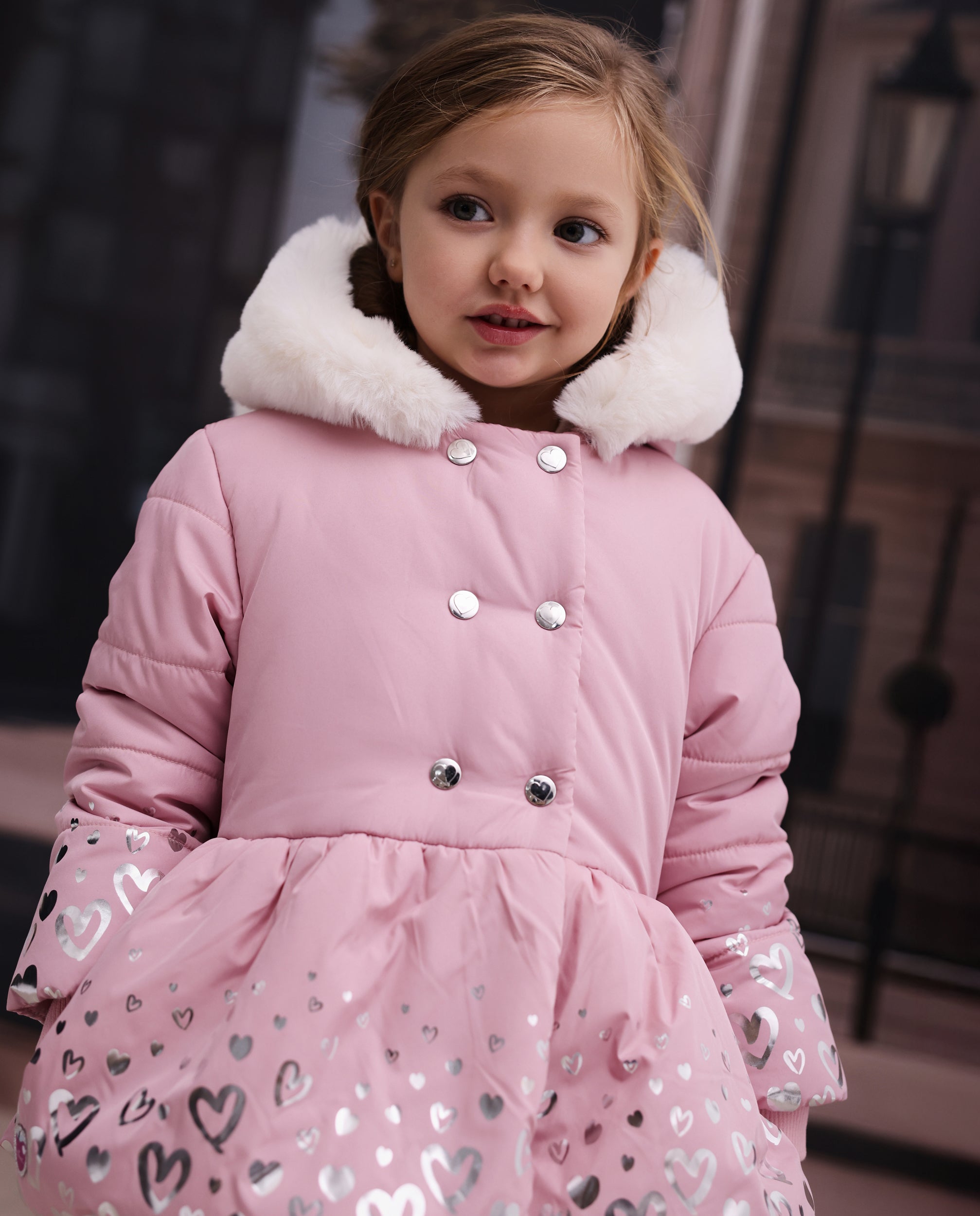 Tuc Tuc piumino bambina rosa cappuccio pelliccia cuori