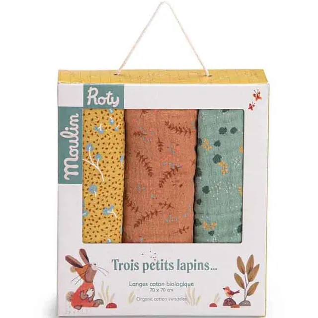 Moulin Roty Trois petits lapins teli mussola 70x70 set 3 cotone