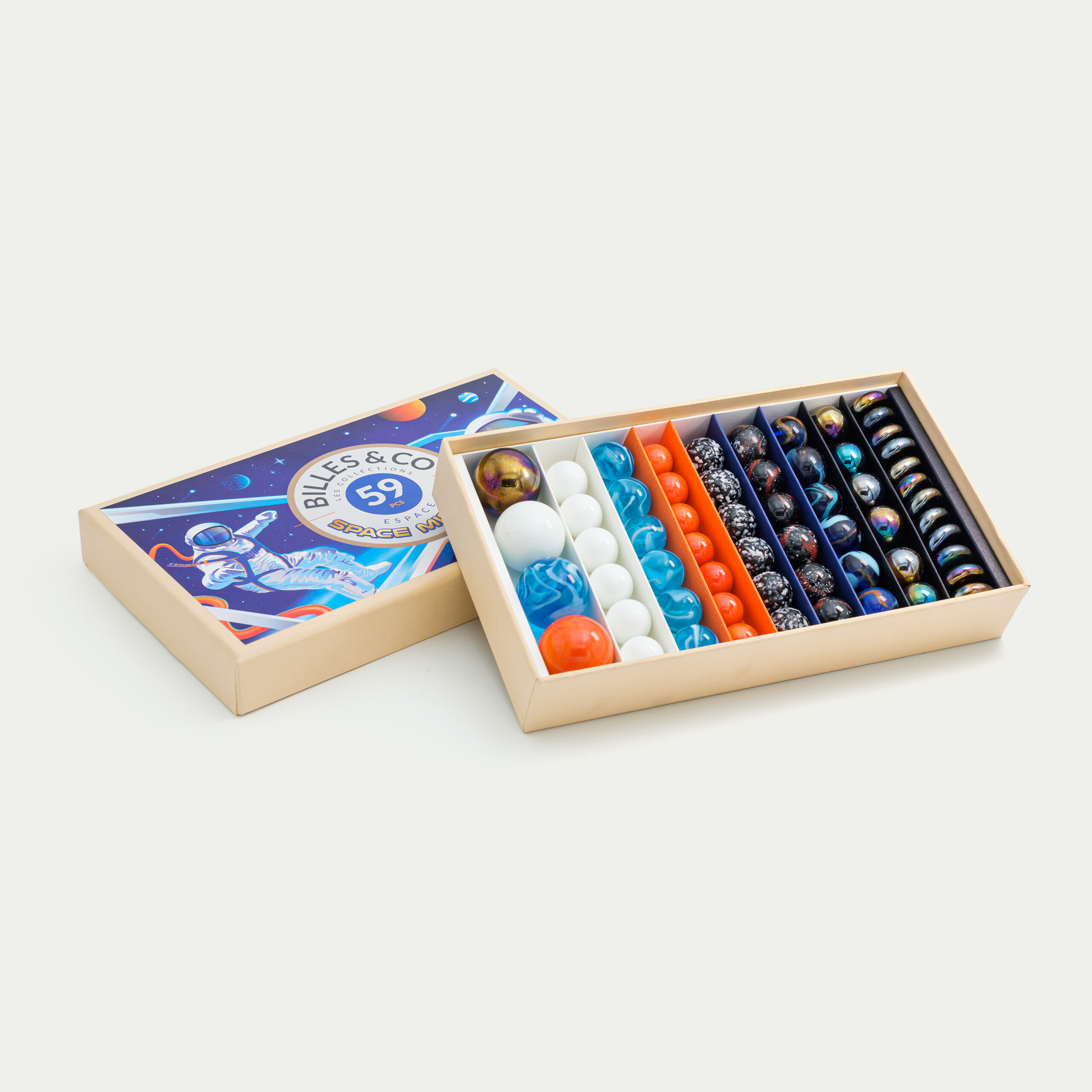 Billes & Co Space Mission scatola biglie vetro 59 pezzi grande