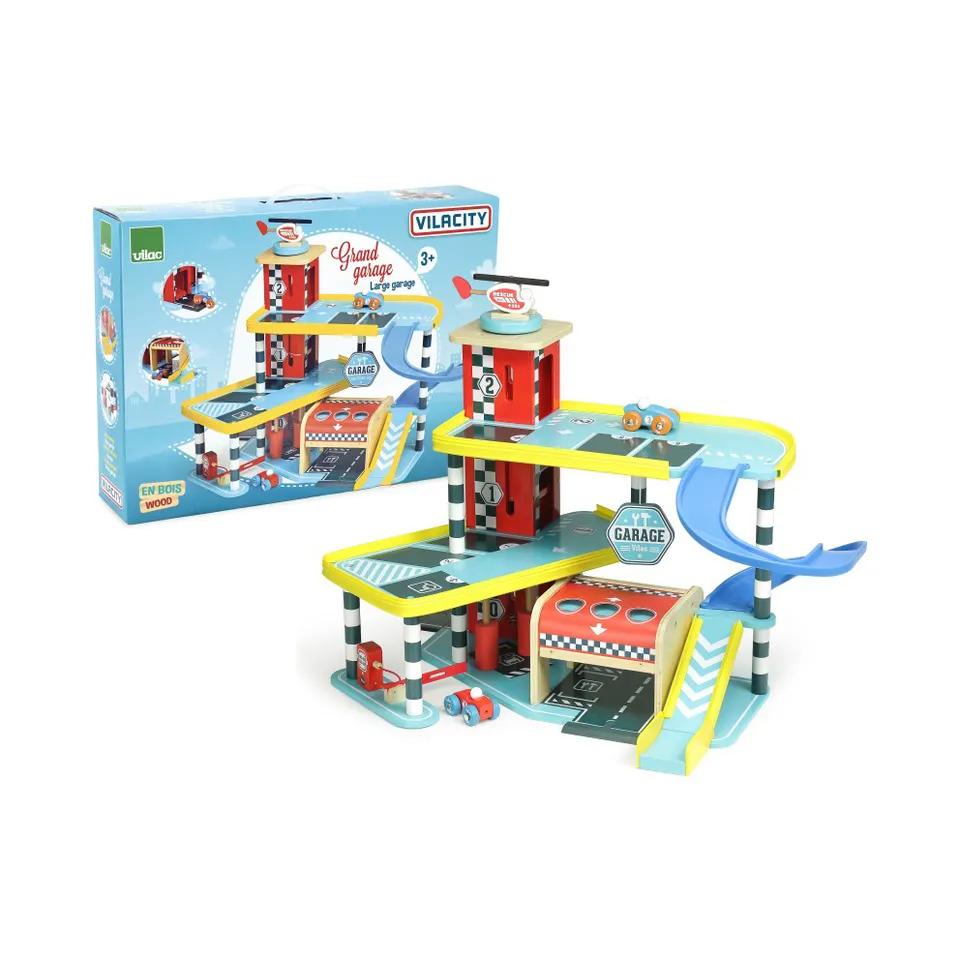 Vilac Vilacity Grand Garage in legno blu con veicoli 65 cm