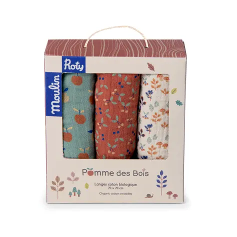 Moulin Roty Pomme des Bois teli mussola 70x70 cotone 3 pezzi