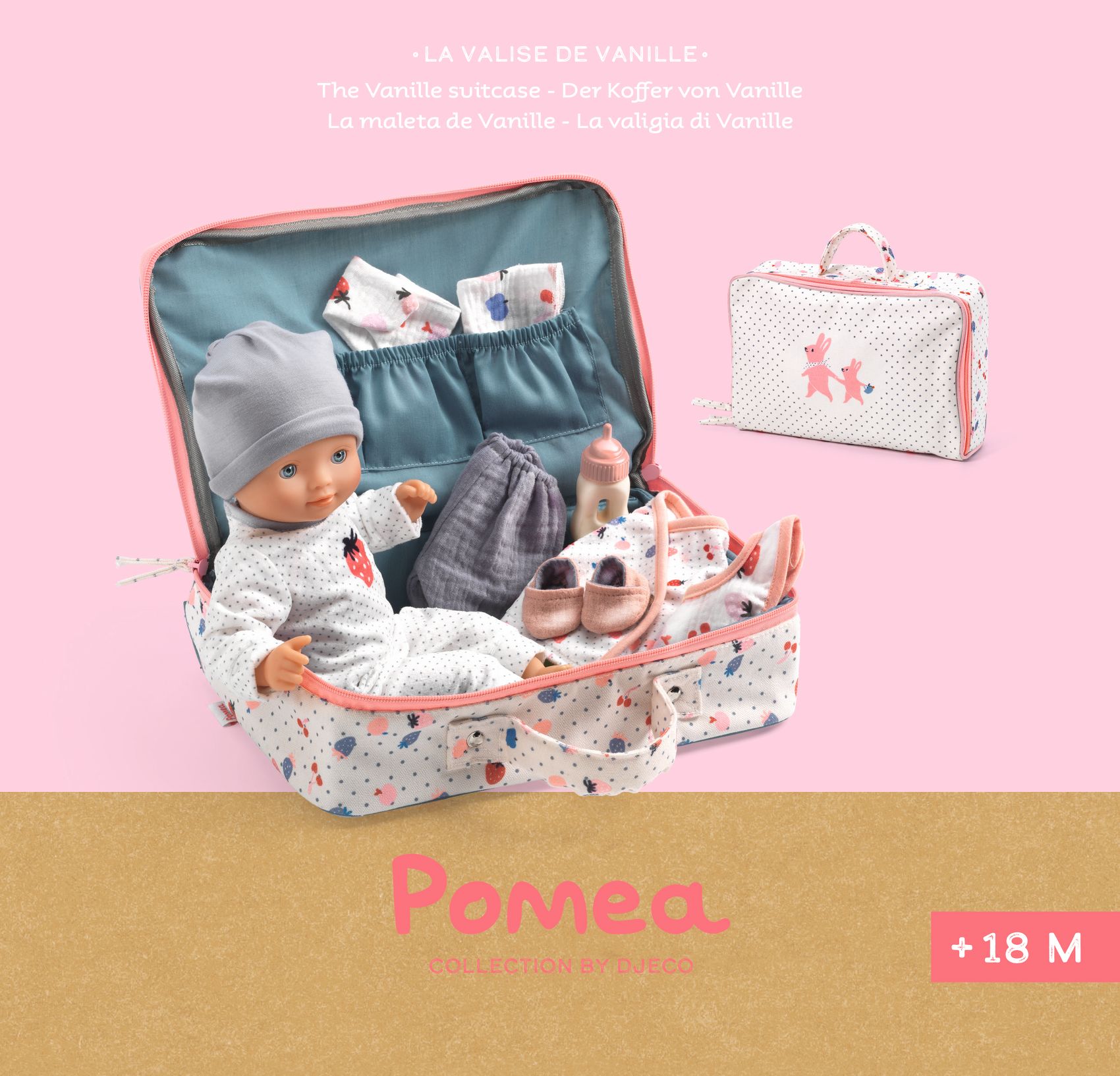 Djeco Pomea Baby Vanille bambola valigia viaggio 32 cm