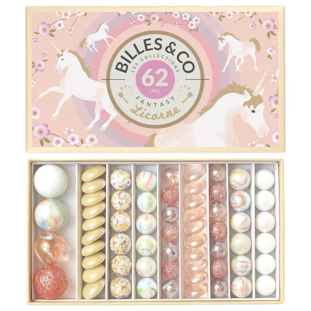 Billes & Co Licorne biglie vetro scatola 62 pezzi