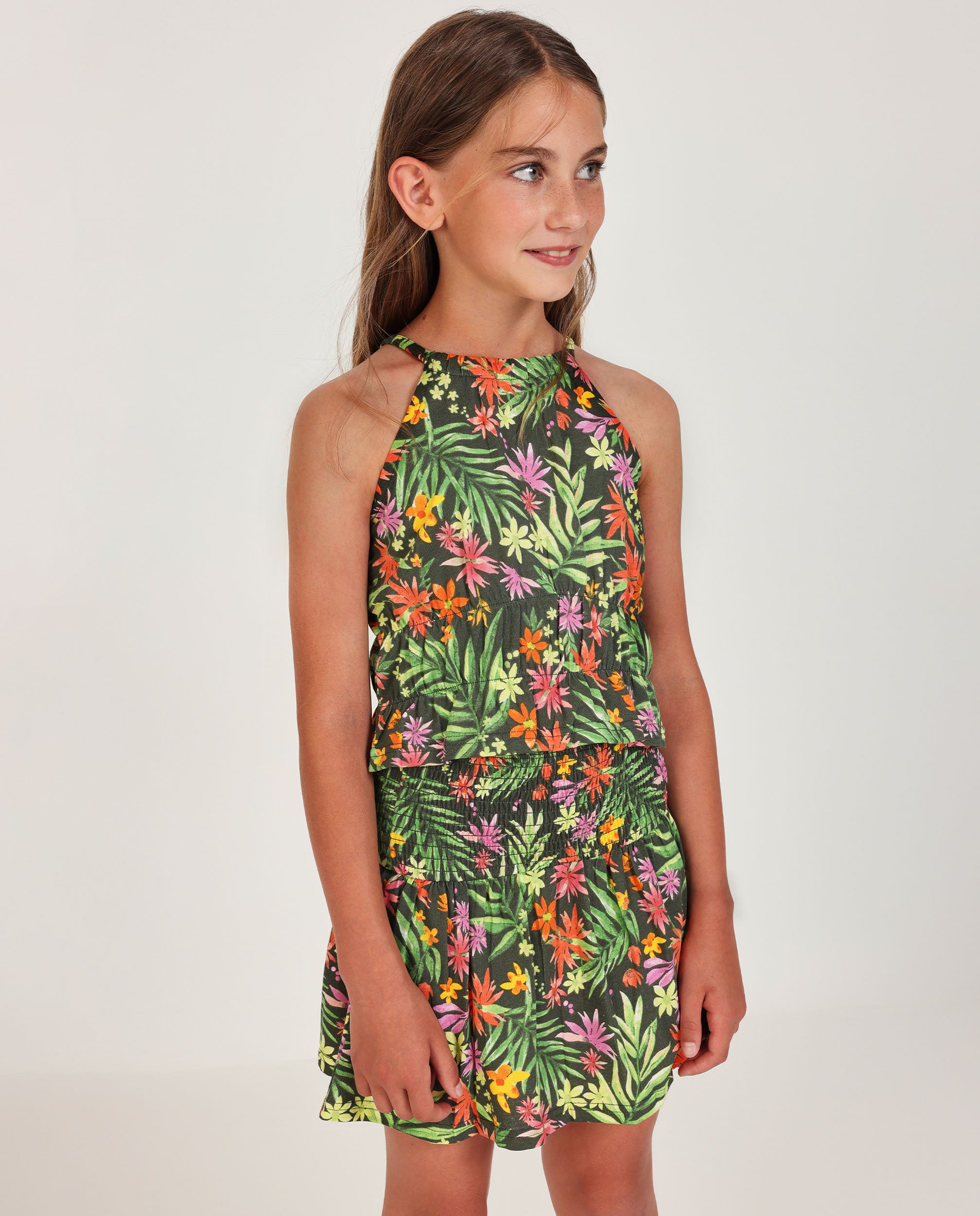 Tuc Tuc top bambina verde fiori con arricciatura