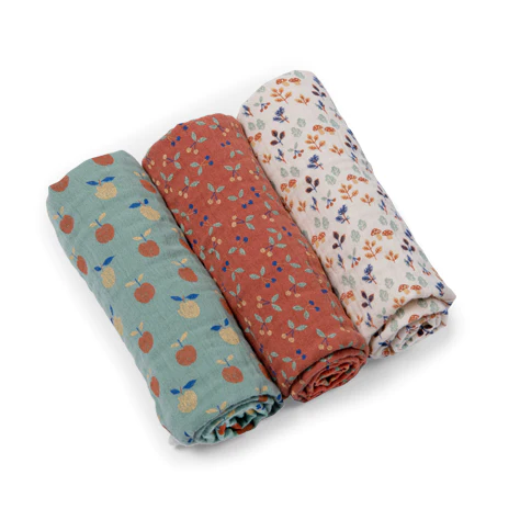 Moulin Roty Pomme des Bois teli mussola 70x70 cotone 3 pezzi