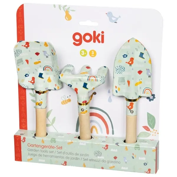 Goki set 3 attrezzi giardinaggio bambini legno 20 cm