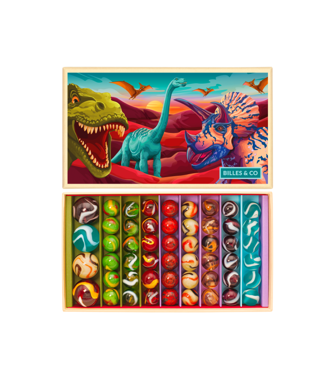 Billes and Co Dinosaures Scatola Biglie Vetro 52 Pezzi