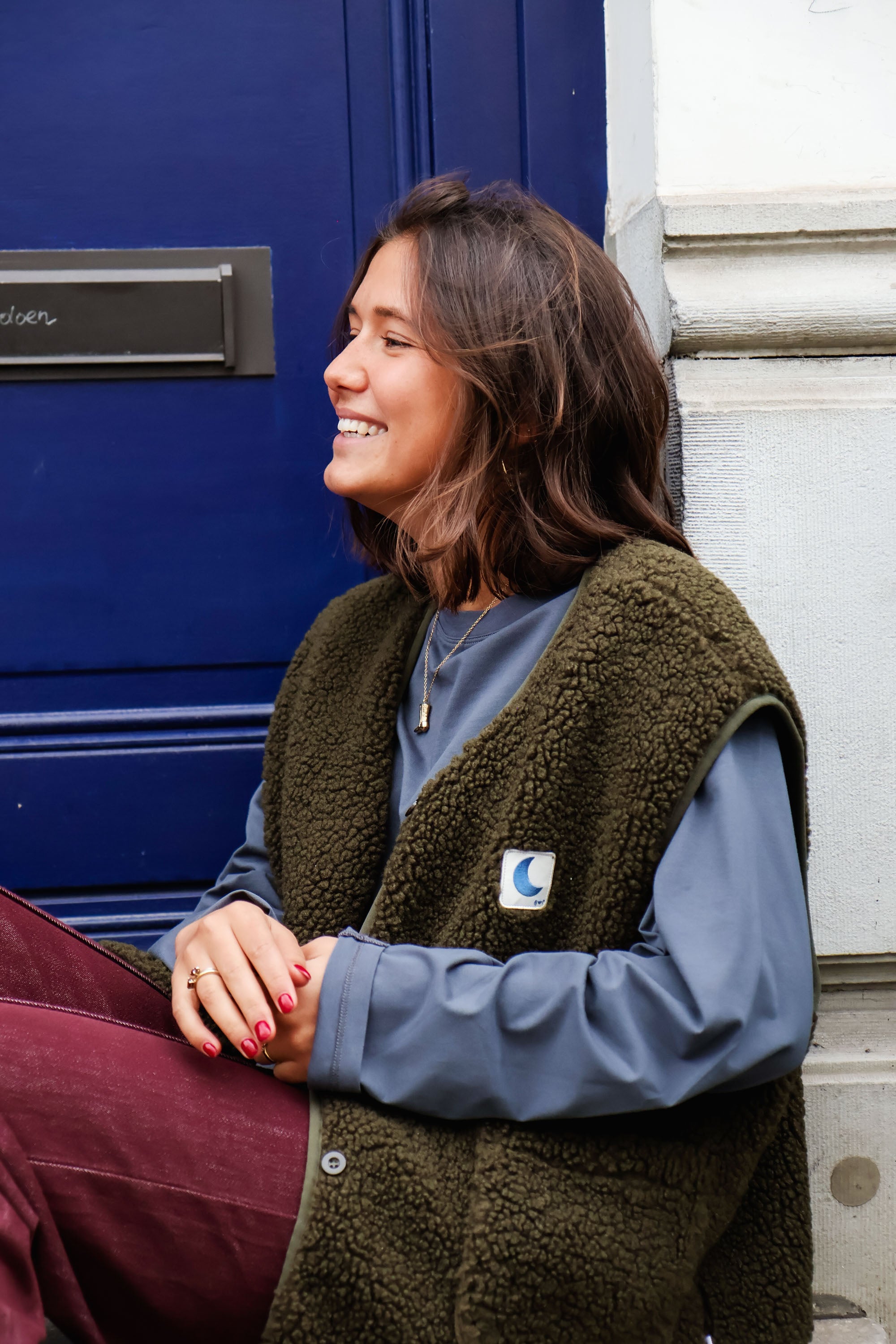 Ella and Rapha Moon gilet teddy kaki pile donna