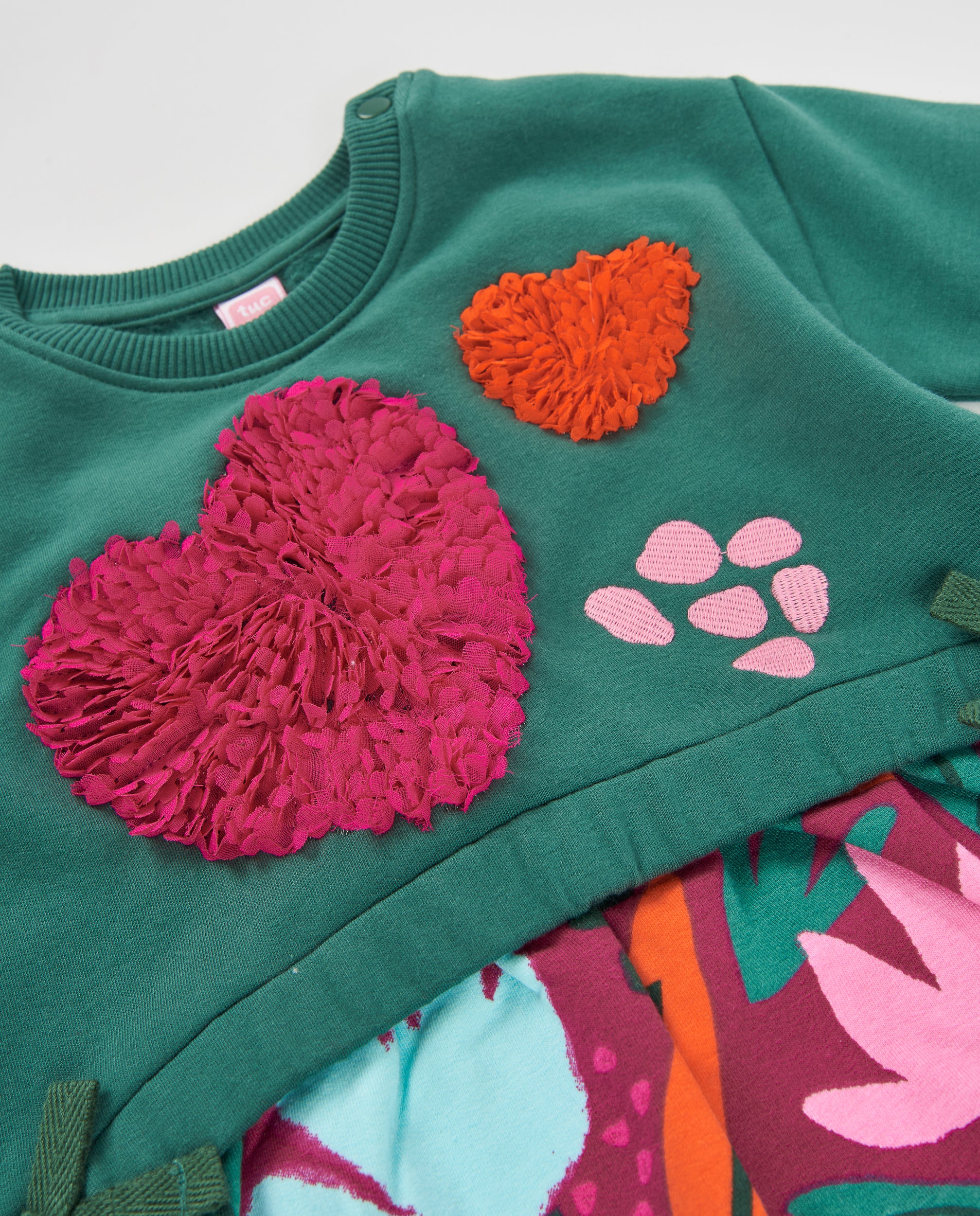 Tuc tuc vestito felpa bambina cuori fiori verde