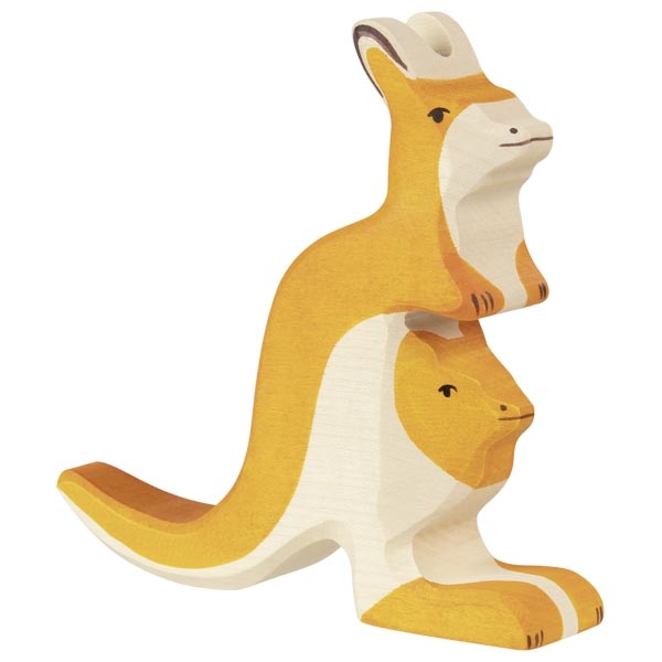 Holztiger Canguro con Cucciolo Figura Legno Dipinta a Mano