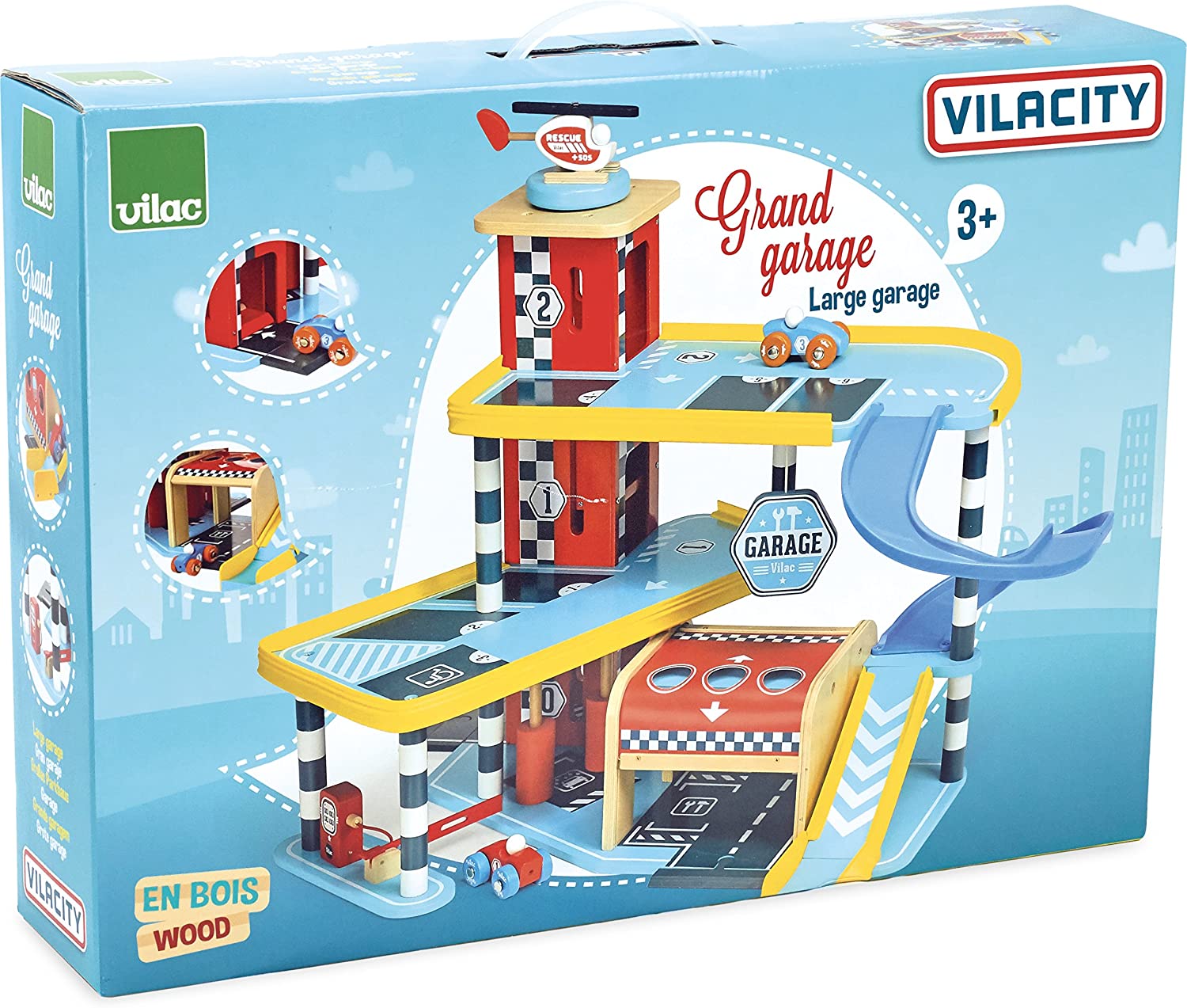 Vilac Vilacity Grand Garage in legno blu con veicoli 65 cm