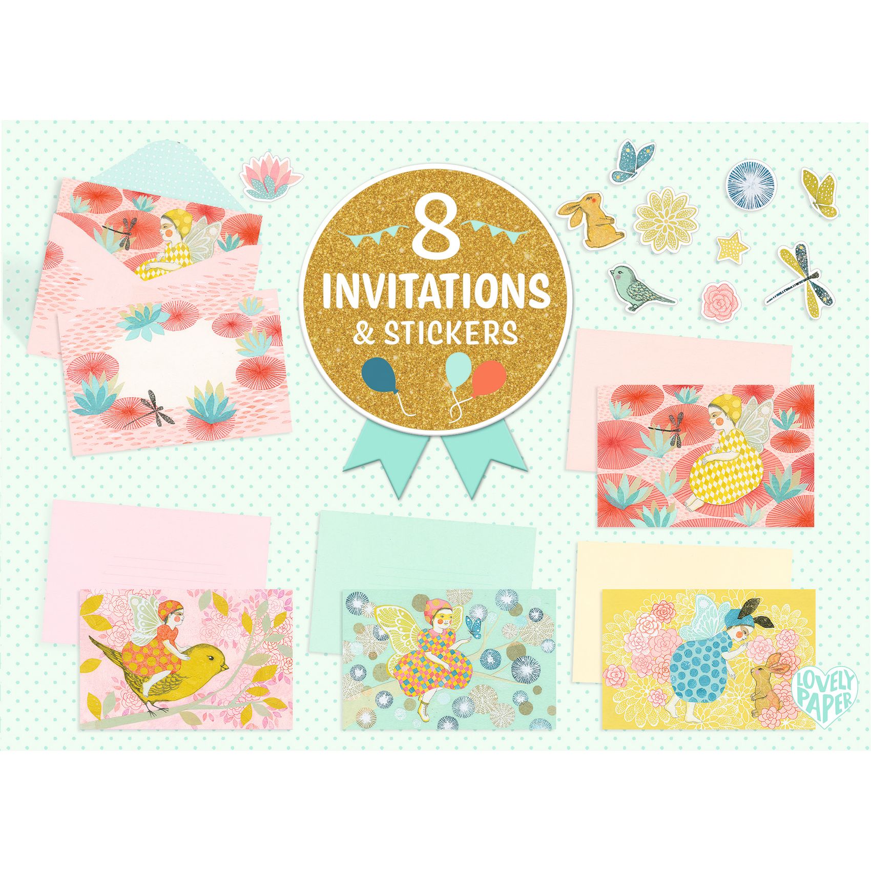 Djeco Fairies for a Day biglietti invito 8 pezzi metallizzati