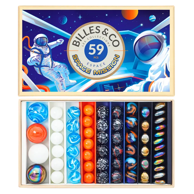 Billes & Co Space Mission scatola biglie vetro 59 pezzi grande