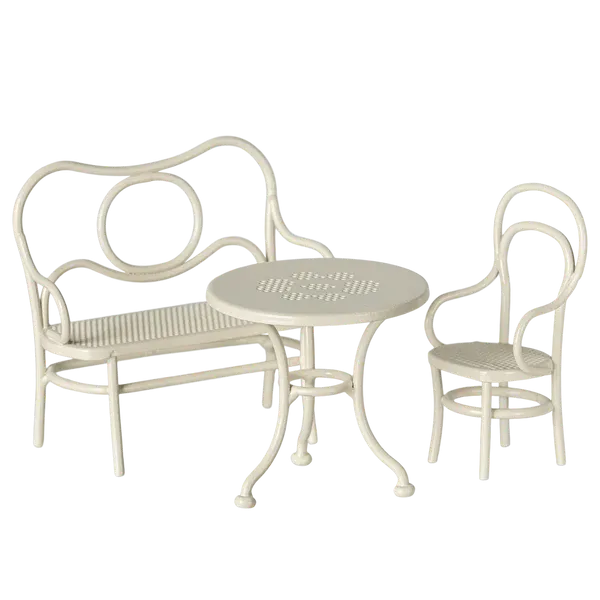 Maileg Topi set tavolo e panca in metallo bianco