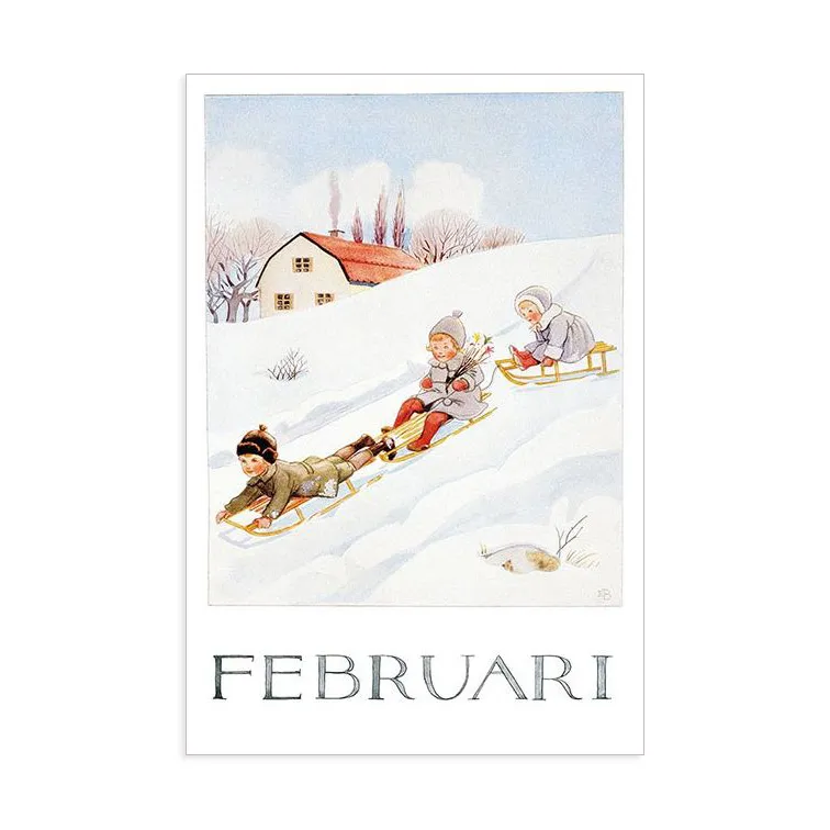 Elsa Beskow Febbraio cartolina acquerello 10,5x15 cm