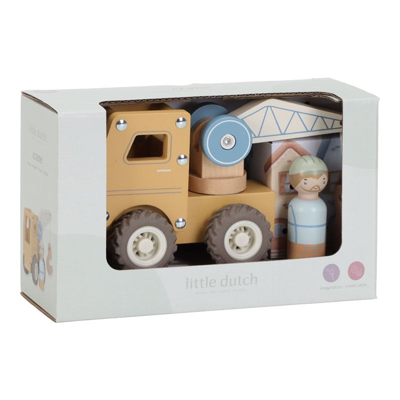 Little Dutch camion gru in legno con operaio gomme