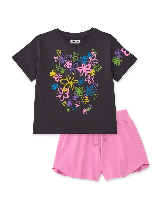 Tuc tuc completo bambina fiori grigio scuro rosa