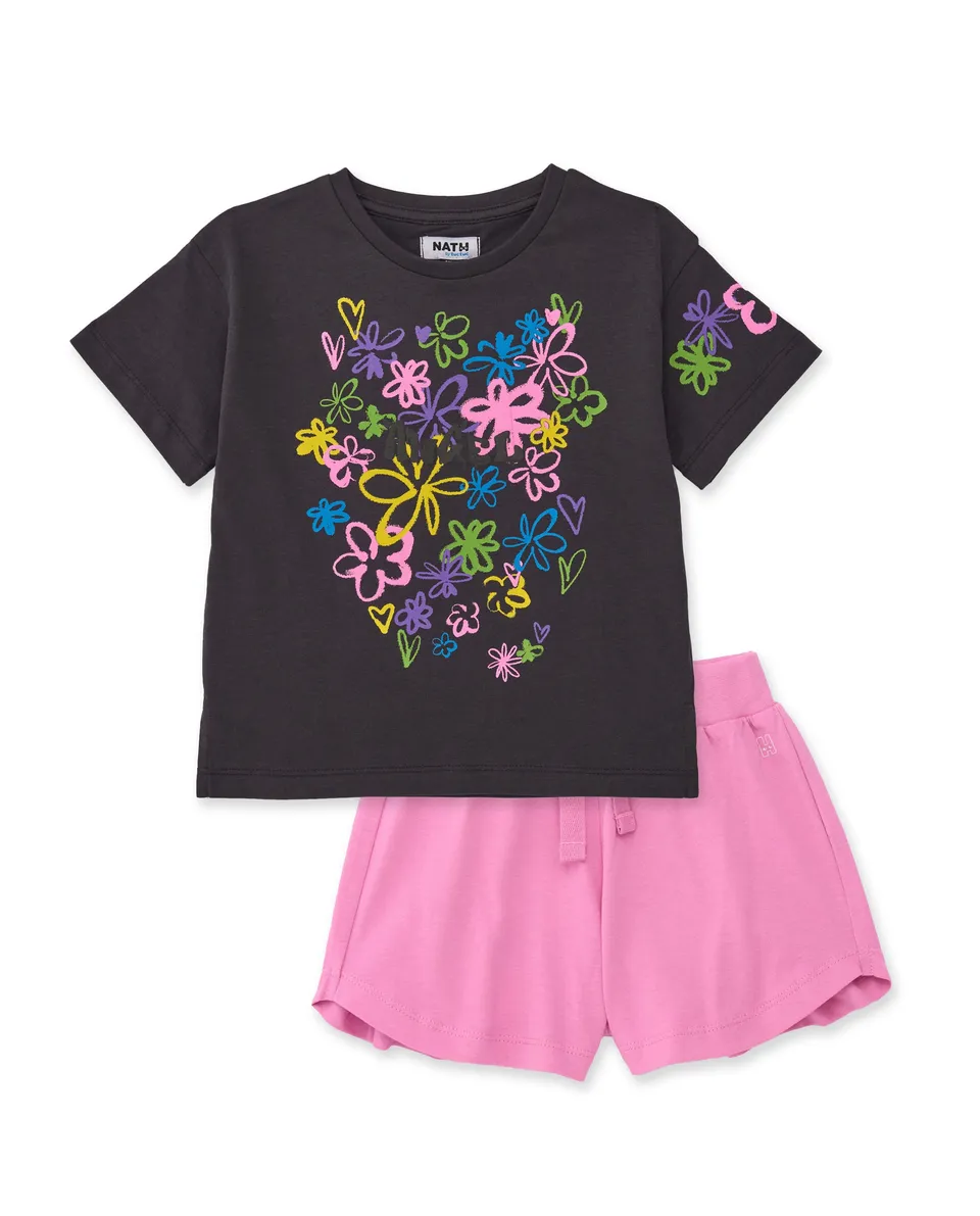 Tuc tuc completo bambina fiori grigio scuro rosa