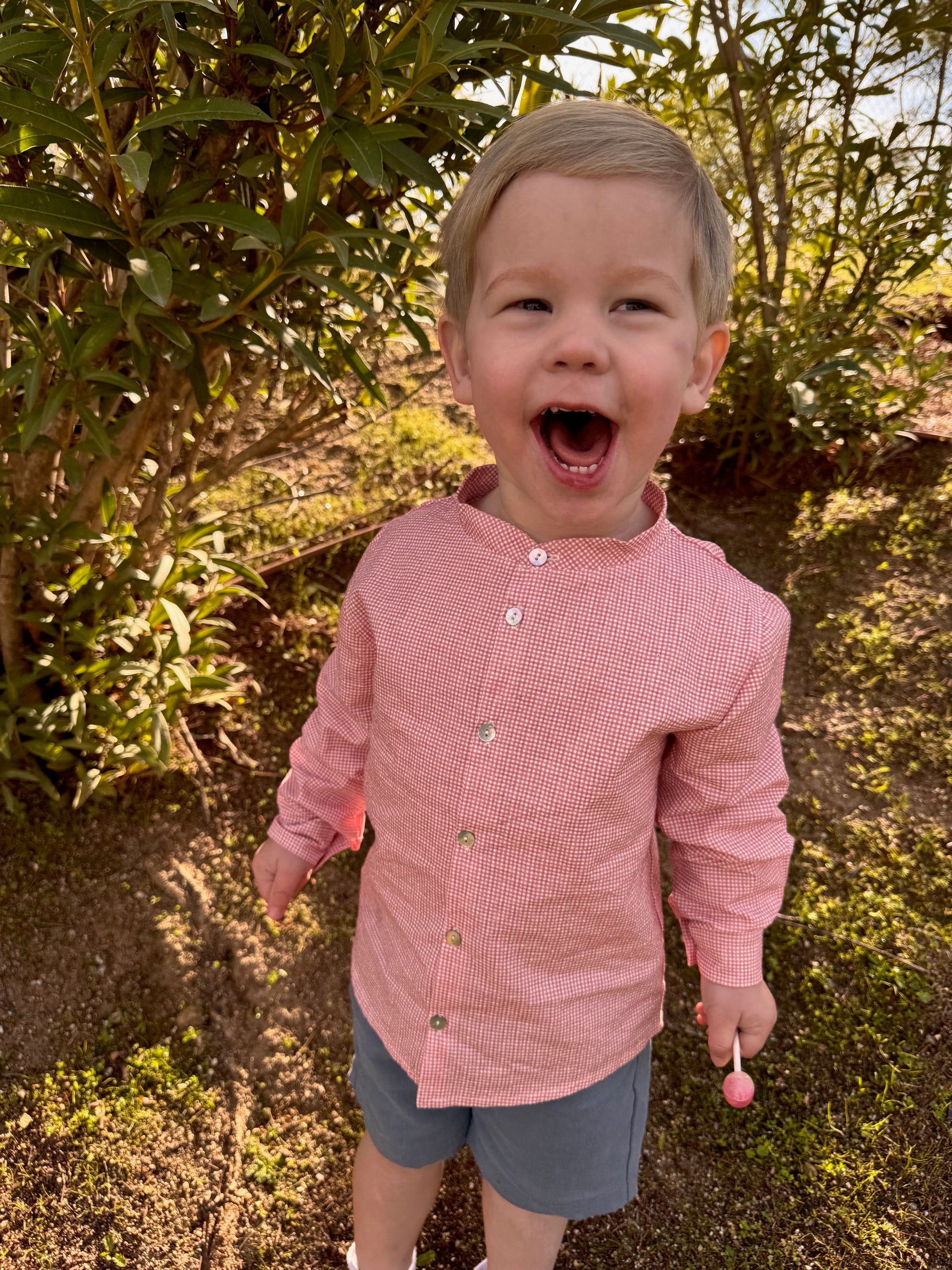 Mebi Vichy camicia bambino rossa cotone collo mao