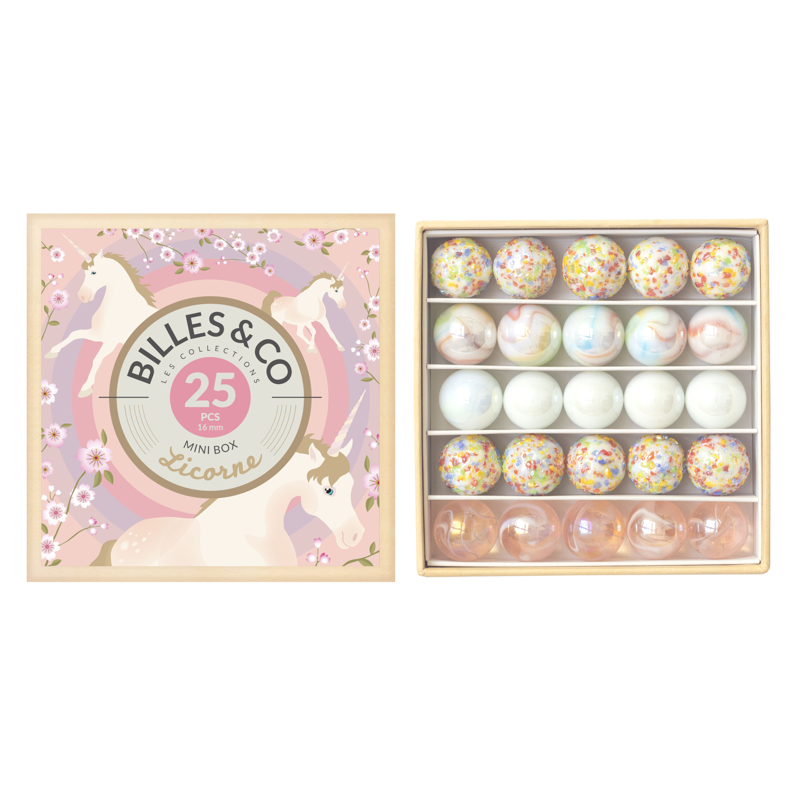 Billes & Co Licorne scatola biglie vetro 25 pezzi