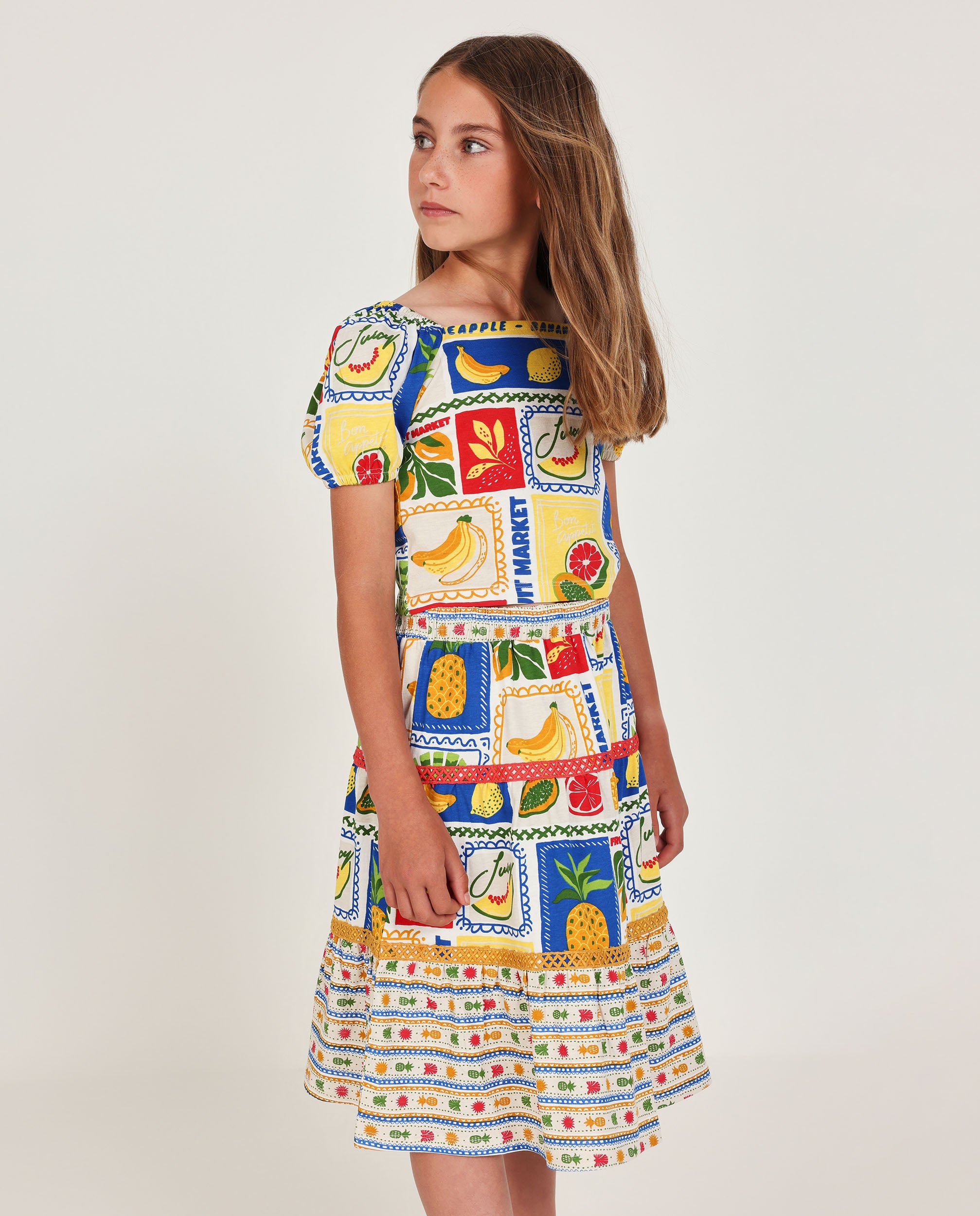 Tuc tuc gonna bambina beige stampa frutta tropicale