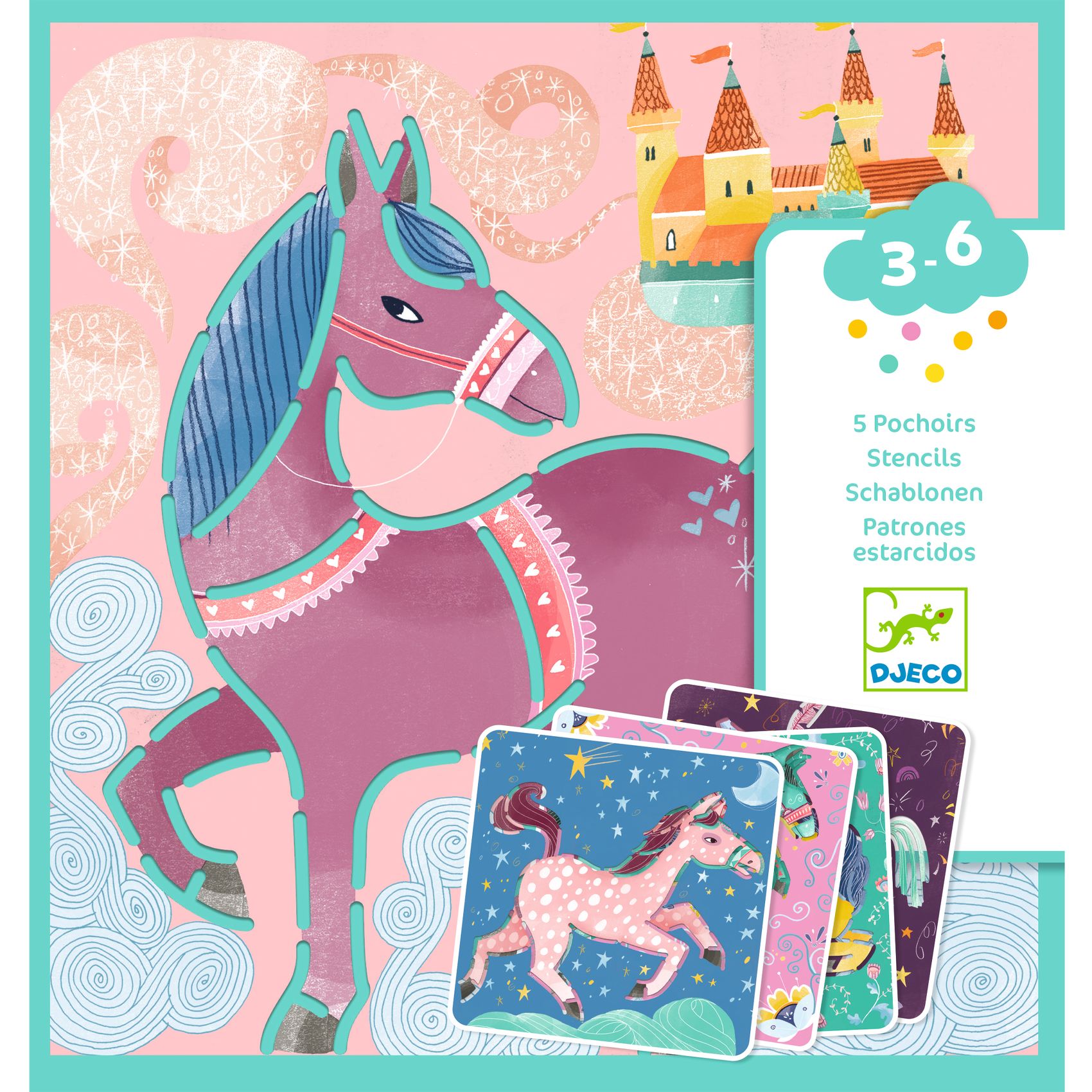 Djeco Stencil Cavalli set creativo 5 stencil 4-8 anni