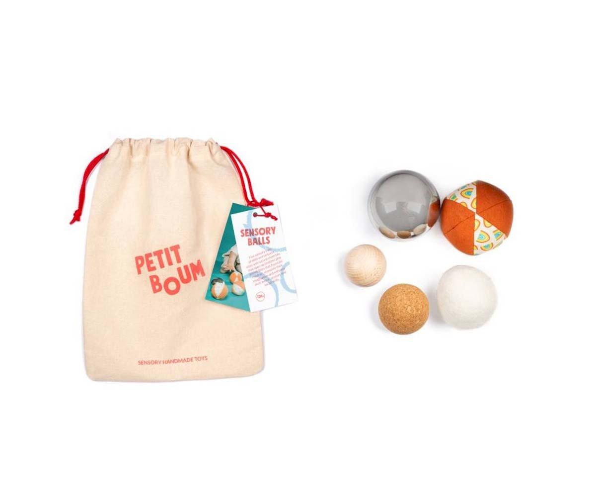 Petit Boum Set 5 sfere sensoriali palline materiali naturali