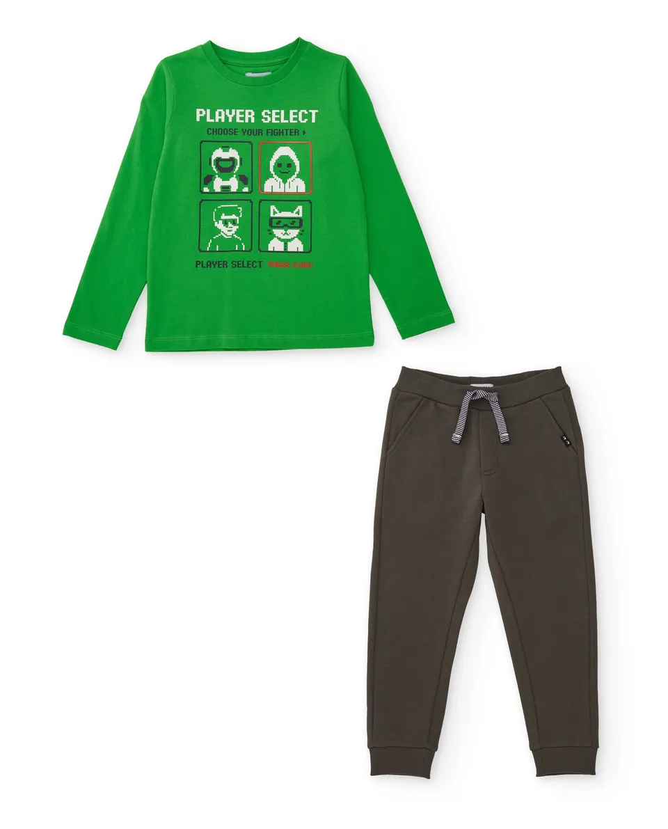 Tuc Tuc completo bambino verde pixel cotone 2 pezzi